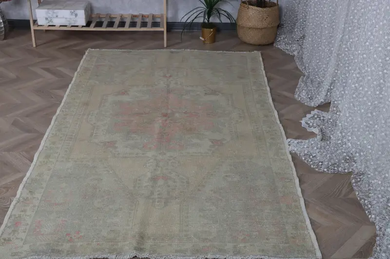Vintage 4.2x7.4 ft Halı, Alan Türk Halısı, Gri Pembe Oryantal Halı - 1