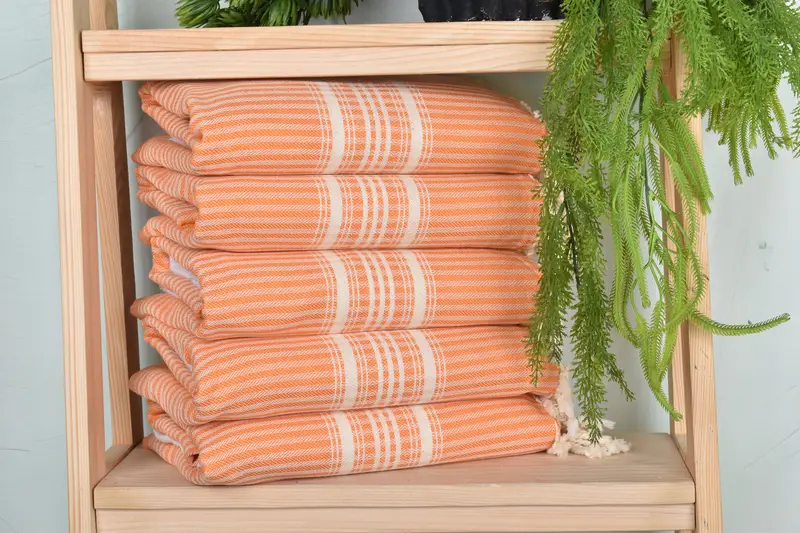 Striped Towel Orange Cotton Linen, 38x67 Inches, Turkish Beach Towel