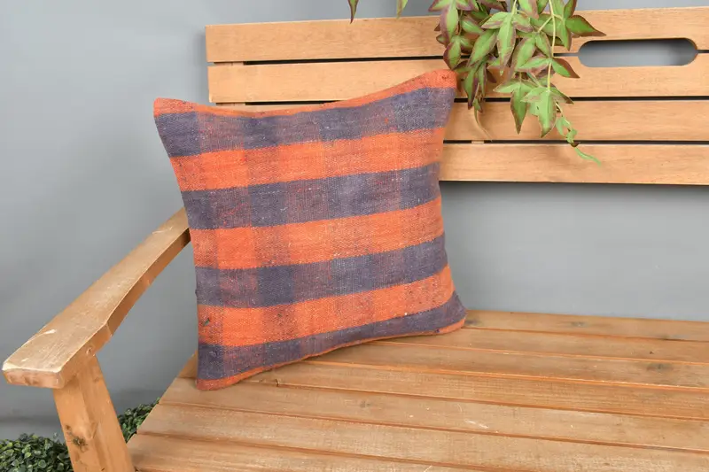 Boho Pillow, 16x16 Orange Pillow Case, Morroccon Kilim Cushion Cushion Case, Bright Pillow Cover, Cushion Cover, Vintage Kilim Pillow, Kilim Pillow - 1