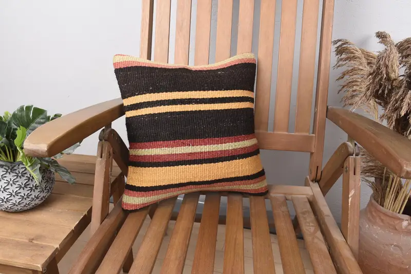 Farmhouse Vintage Antique Pillow, 14x14 inch Striped Brown Pillowcase - 1