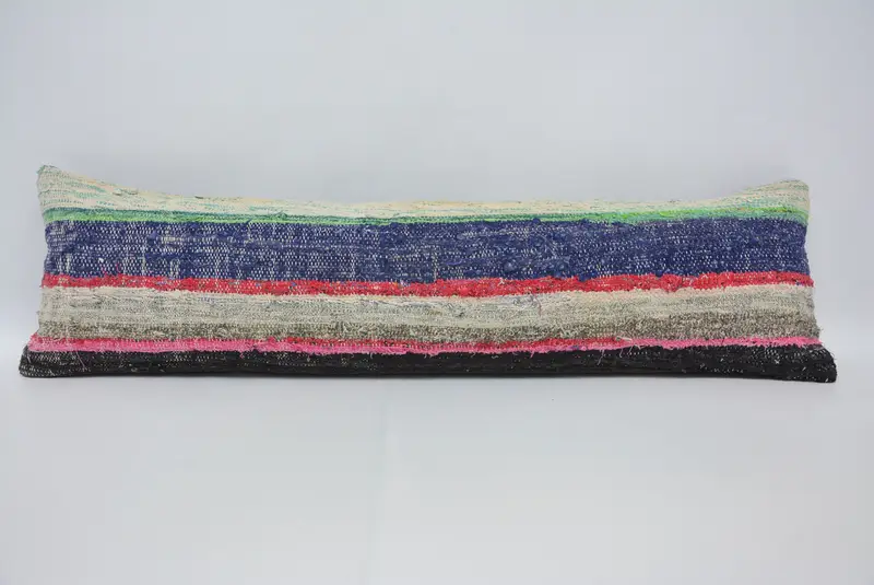 Handgefertigtes blau-rosa gestreiftes Kissen, Vintage besticktes Kissen