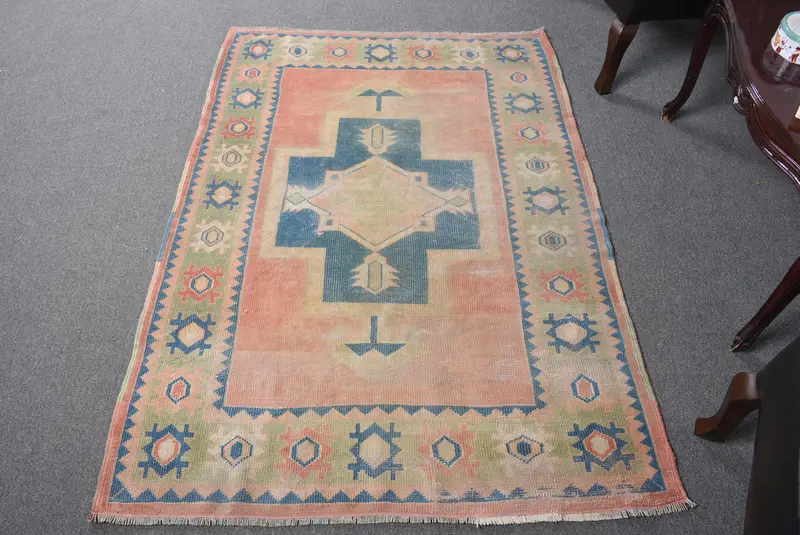 Alfombra Roja y Azul 1,1x1,8m Diseño Floral y Geométrico