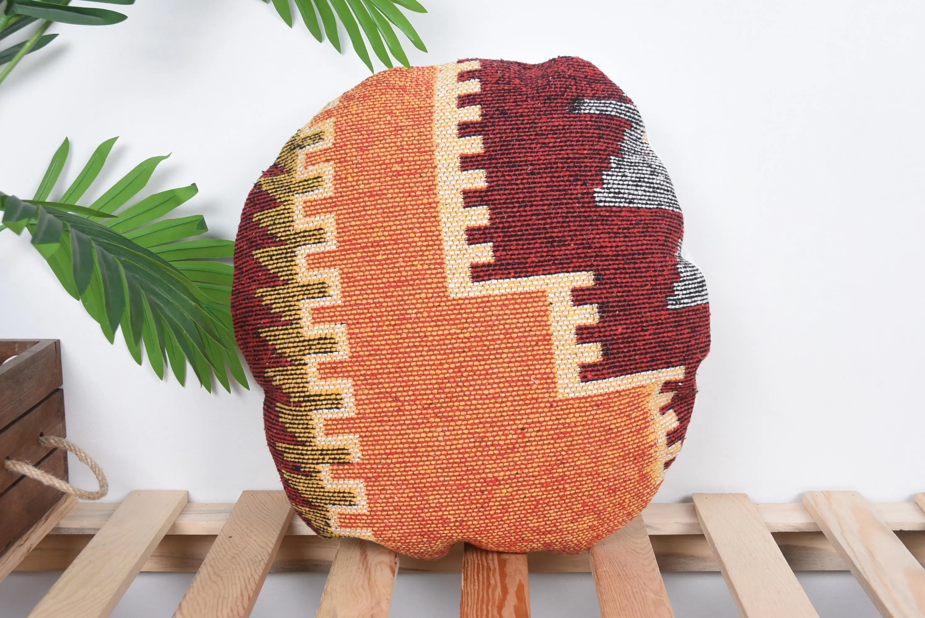 Red & Bronze Striped Throw Pillow, Embroidered Vintage Cushion - 1