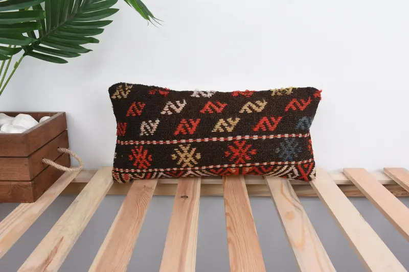 Cushion Cover, 8x16 Brown Cushion Cover, Throw Kilim Pillow, Gift Pillow, Crochet Pattern Pillow Case, Ethnical Kilim Rug Pillow - 1