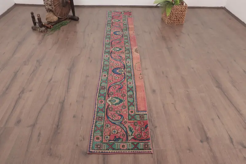 1.5x9.4 ft Vintage Rug, Turkish Runner Rug, Red Green Bordered Wool Rug - 1
