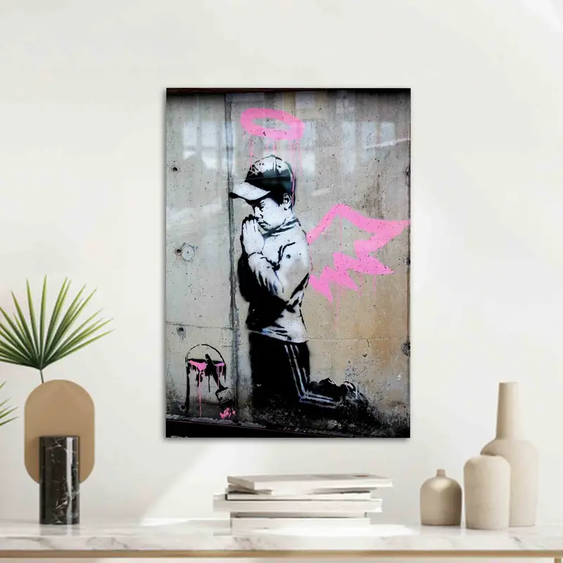 Printed Glass: Angel Boy with Banksy Graffiti Pink Wings