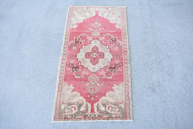 Türk Vintage Küçük Halı 1.6x3.1 ft, Kırmızı Bej Çiçekli Halı - 1