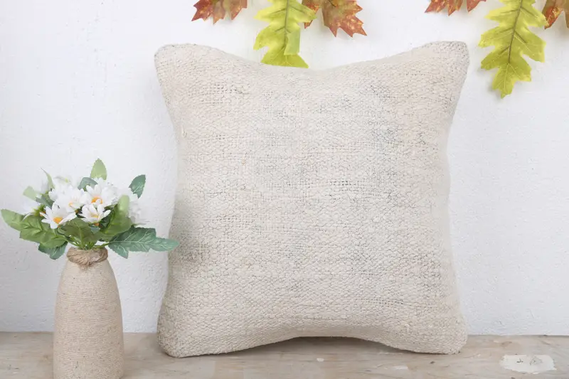 Turkish Kilim Pillow, Vintage Pillow, Cushion Case, Pillow for Couch, Bright Pillow, 14x14 White Cushion Case, Crochet Pattern Pillow Sham - 2