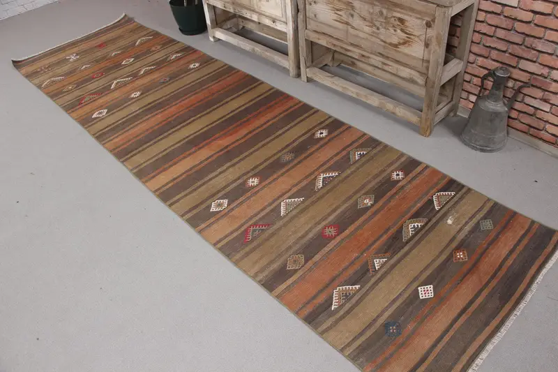Vintage 2.9x10.4 ft Runner Halı, Türk Halısı, Kilim Kahverengi Çiçekli Halı - 1