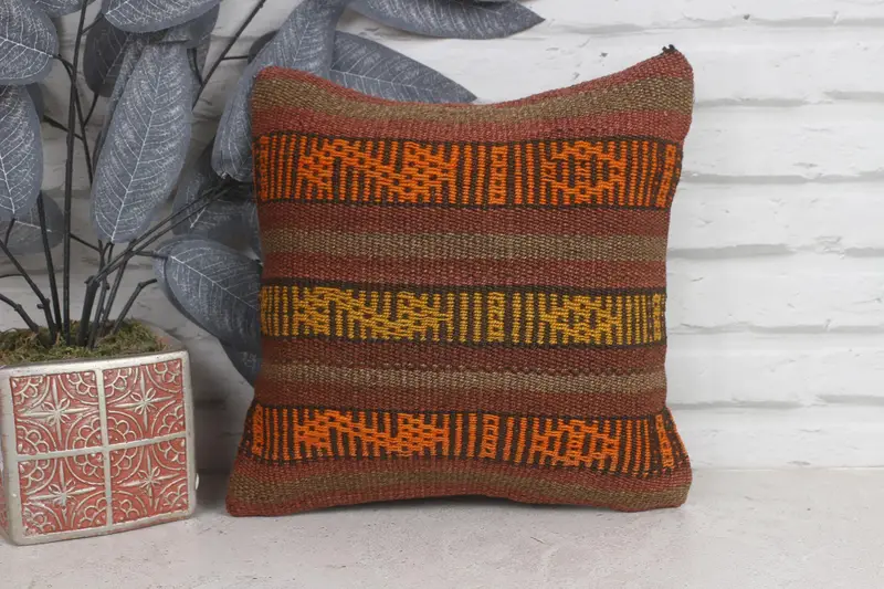 12x12 Brown Cushion, Vintage Kilim Pillow, Shabby Chic Cushion, Pillow for Couch, Farmhouse Pillow Sham, Boho Pillow Sham Cover, Cushion Cover - 1