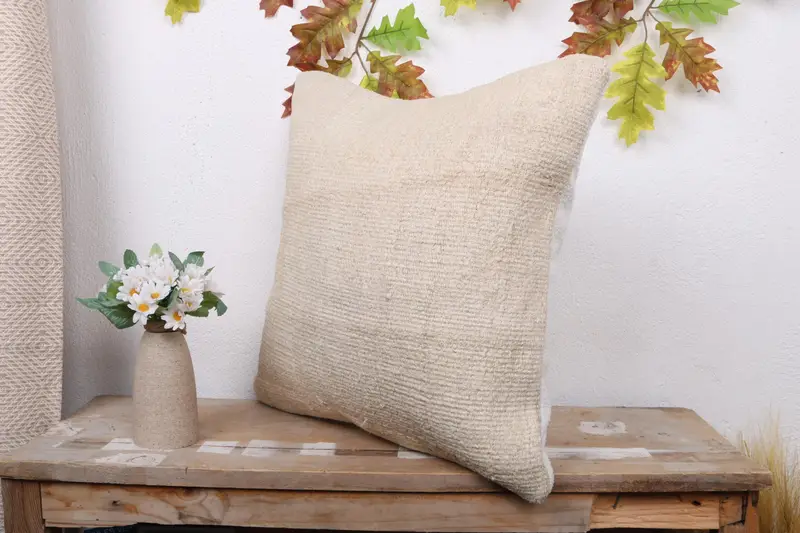 Turkish Bench Pillow, Boho Pillow Sham Cover, 18x18 Beige Pillow Sham, Throw Kilim Pillow, Ethnical Kilim Rug Pillow, Pillow Sham - 4