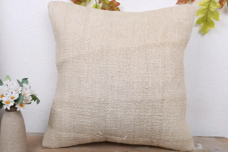 Turkish Bench Pillow, Boho Pillow Sham Cover, 18x18 Beige Pillow Sham, Throw Kilim Pillow, Ethnical Kilim Rug Pillow, Pillow Sham - 2