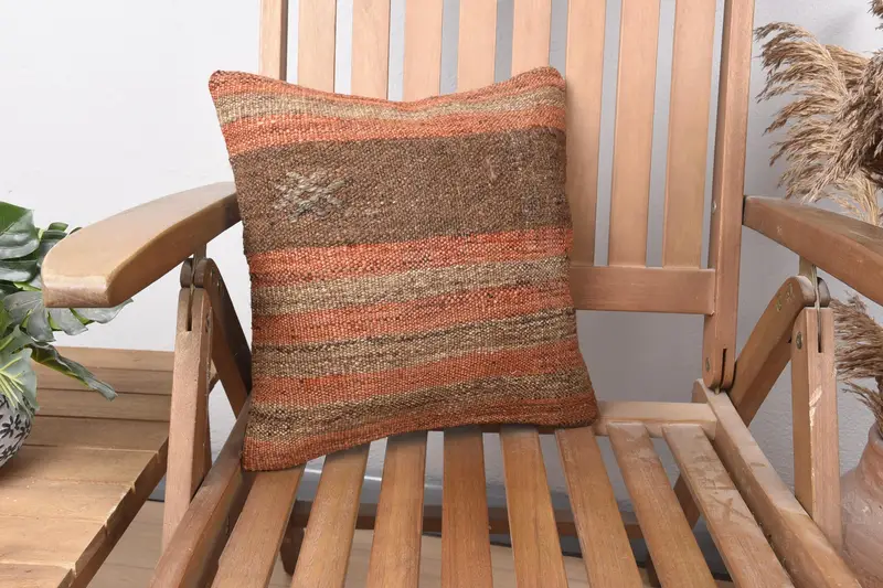 Turkish Pillow, Cushion Case, Ethnic Pillow Cover Pillow, 14x14 Brown Cushion, Vintage Kilim Pillow, Office Chair Pillow, Antique Pillows - 1