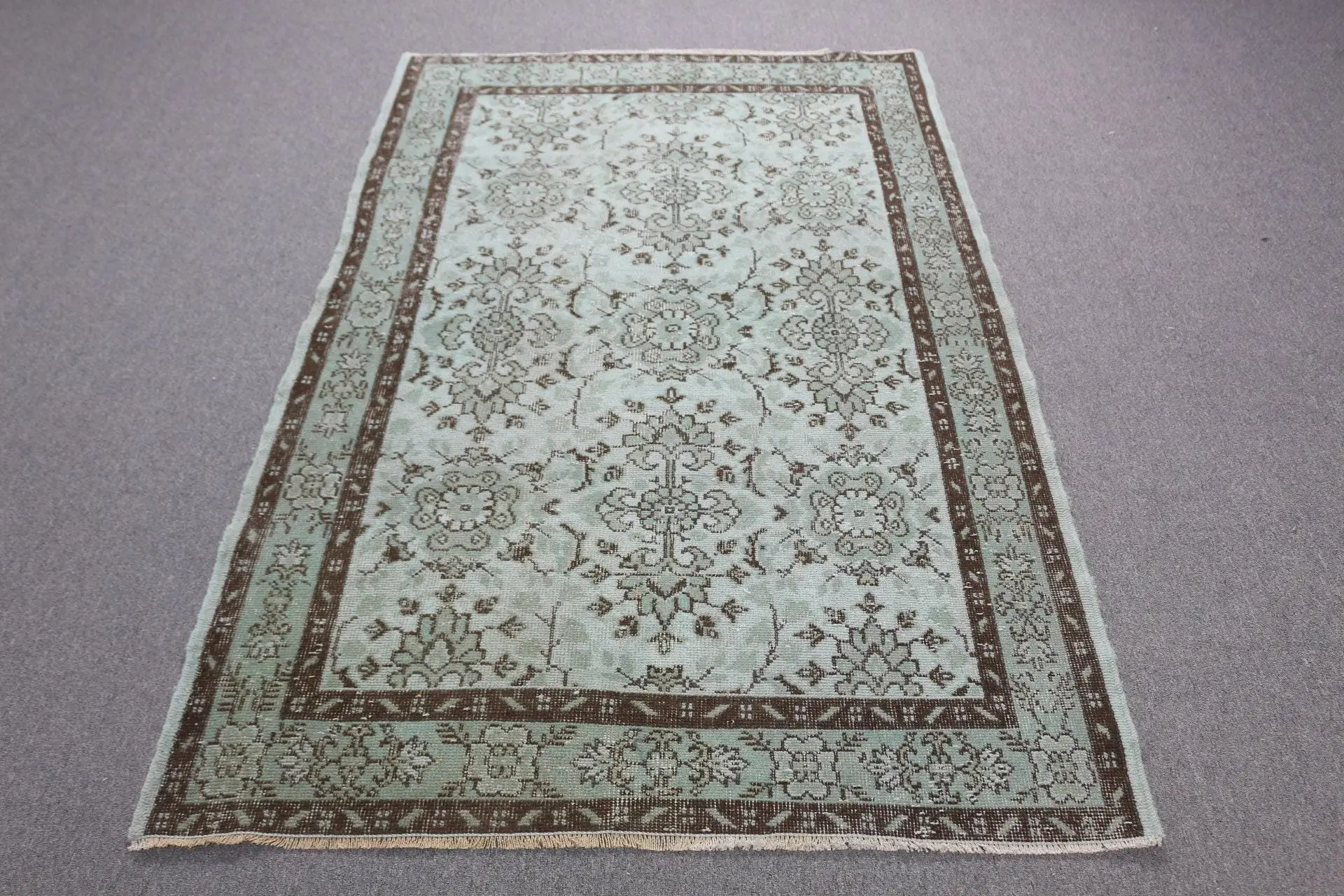 4x6.7 ft Türk Halısı, Vintage Halı, Yeşil Çiçekli Yün Halı - 1