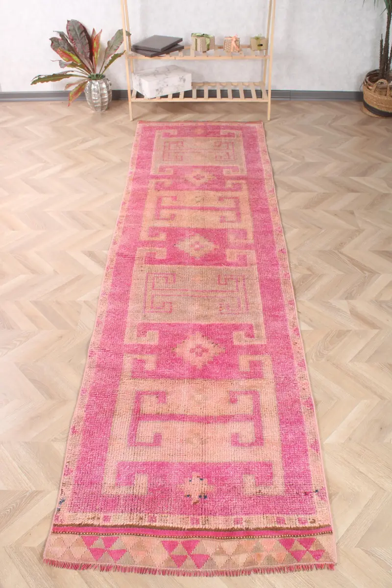 2,9x10,3 ft Teppich, Vintage türkischer Teppich, rosa brauner Pflanzen & Bäume Wollteppich - 1