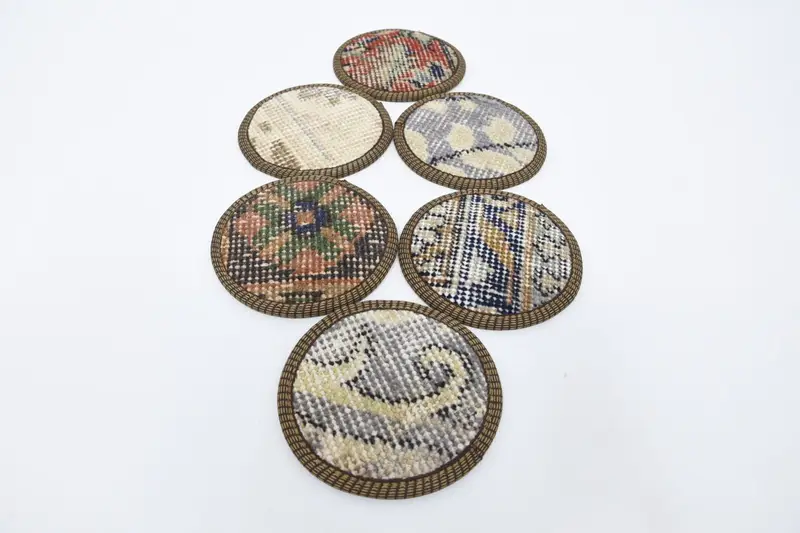 ブルーとグレーのエスニックラグコースター 6枚セット