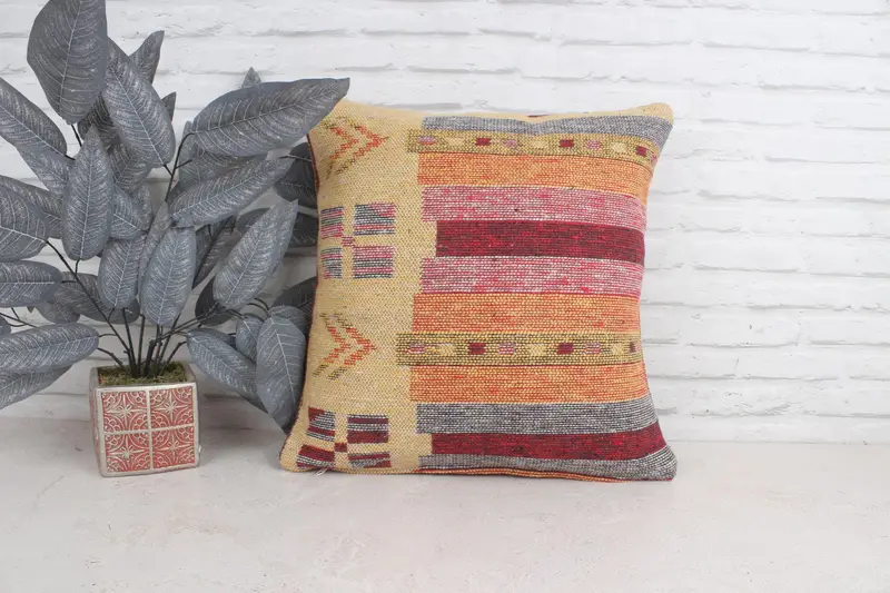 20x20 Yellow Cushion Cover, Interior Designer Pillow, Ethnic Pillow Cover Cushion, Boho Pillow Sham Cover, Pillow Case, Ethnical Kilim Rug Pillow - 1