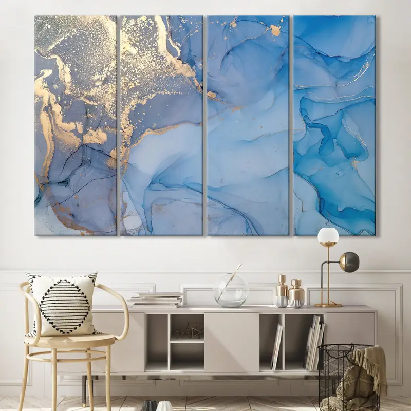 Blue Gold Marble Art, Modern Painting Art, Watercolor Abstract Art, Blue Marble Design, Abstract Acrylic Painting, Blue Marbling Canvas - 1