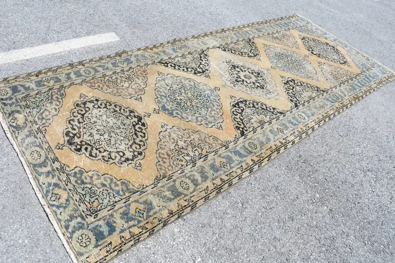 Alfombra turca, alfombra vintage de 4,6x11,5 pies, alfombra de lana con estampado animal marrón azul - 1