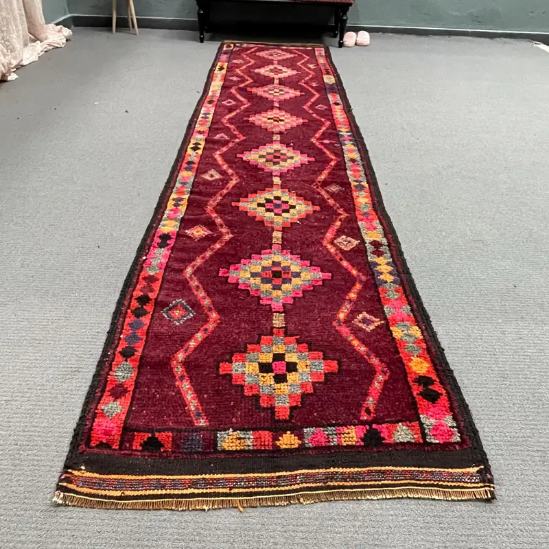 Turkish Vintage Runner Rug 2.7x12.3 ft, Red Yellow Animal Print Rug - 1