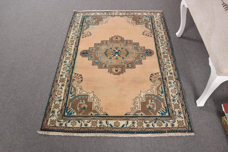 Vintage Oushak Accent Rug 3.4x4.9 ft (105x150 cm), Turkish Brown Striped Wool Rug - 1