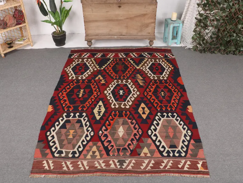 Red & Blue Rug, 4,8x6,7 ft Plant & Tree Pattern