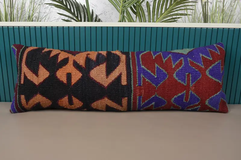 Rot & Orange besticktes Wurfkissen, handgemachtes geometrisches Leinenkissen