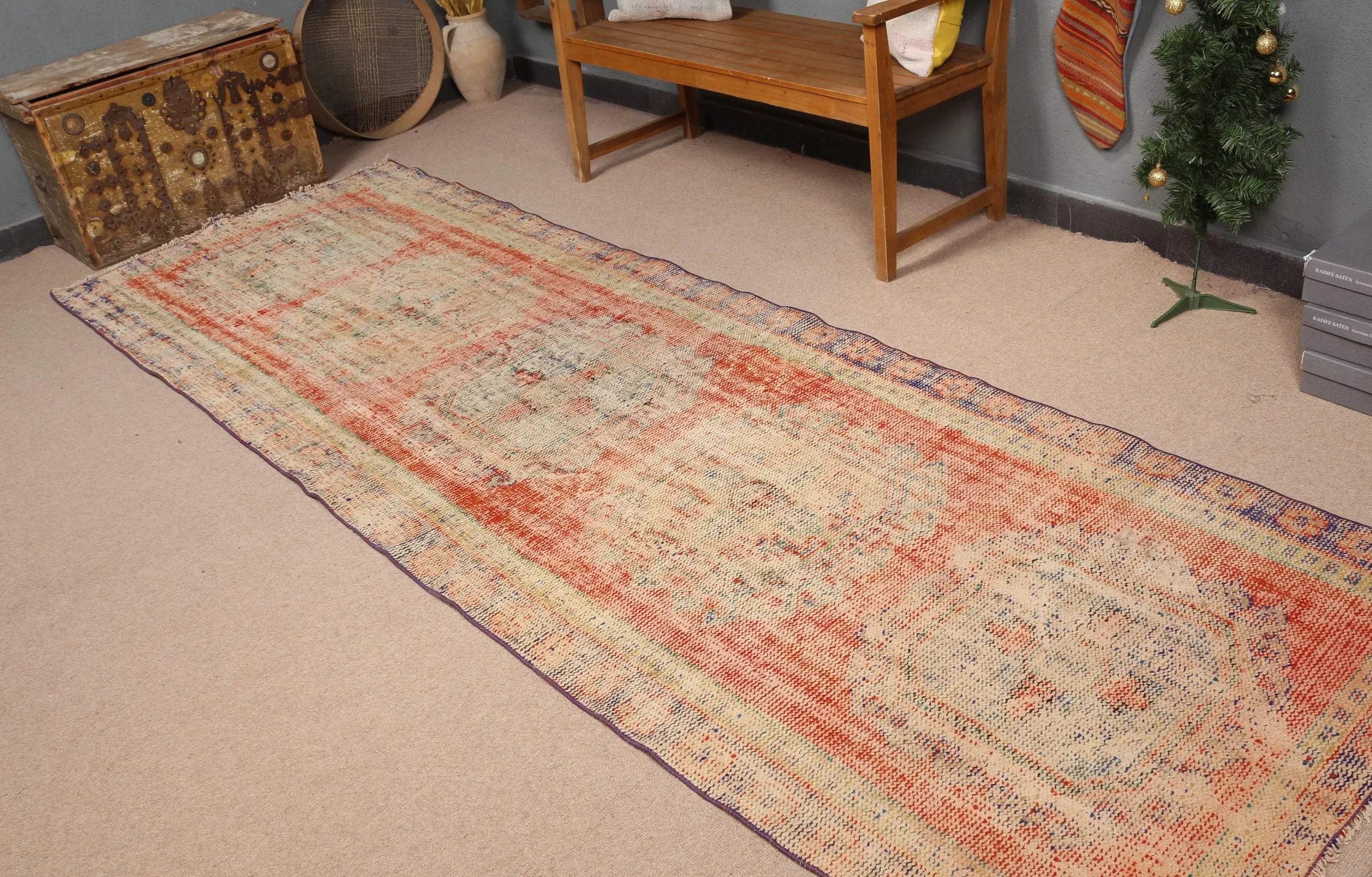 Türk Halısı, 3.8x11.4 ft Yolluk Halısı, Kırmızı Ombré Yün Vintage Halı - 1
