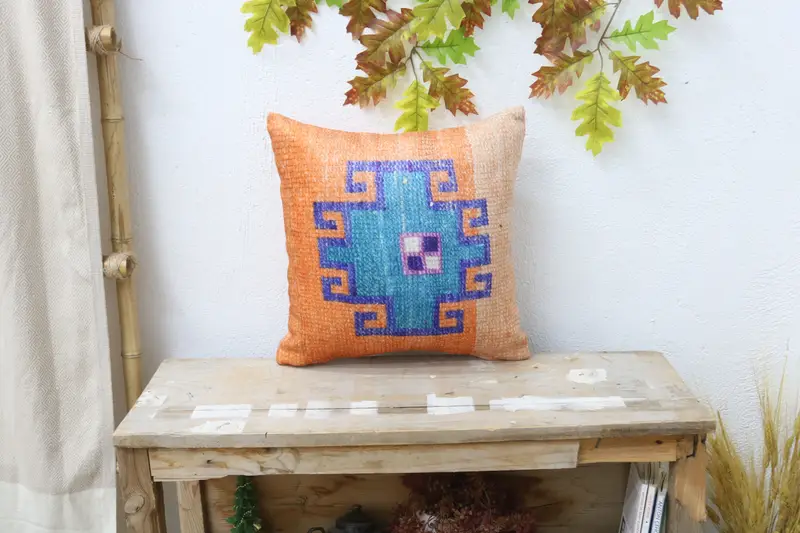Gesticktes Orange & Bronze Wurfkissen, Vintage Quadratisches Kissen