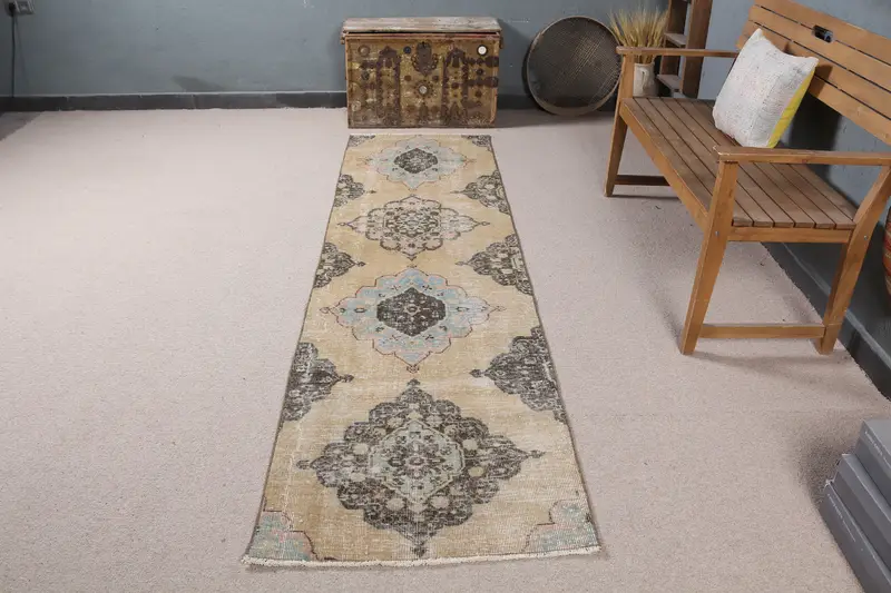 Zarif Bej ve Kahverengi Kareli Halı, 2,5x9,1 ft Şık Dekor