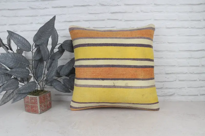 Turkish Kilim Pillow, Ethnical Kilim Rug Pillow, Cushion, Pattern Throw Pillow Case, 22x22 Yellow Pillow Sham, Throw Kilim Pillow - 1