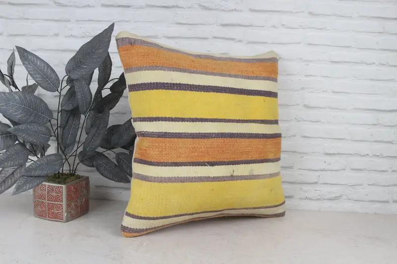 Turkish Kilim Pillow, Ethnical Kilim Rug Pillow, Cushion, Pattern Throw Pillow Case, 22x22 Yellow Pillow Sham, Throw Kilim Pillow - 4