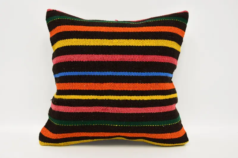 Striped Throw Moroccan Pillow Case, Brown 16x16 inch Wool Cushion Cover - 1