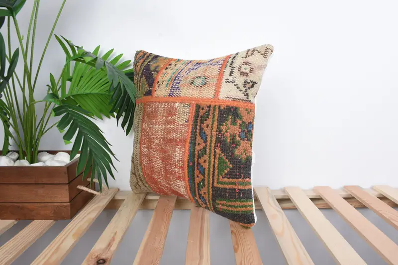 Ethnical Kilim Rug Pillow, Gift Pillow, Boho Chic Pillow, Kilim Pillow, Natural Pillow, Accent Throw Pillow Cover, 16x16 Red Pillow, Pillow - 5