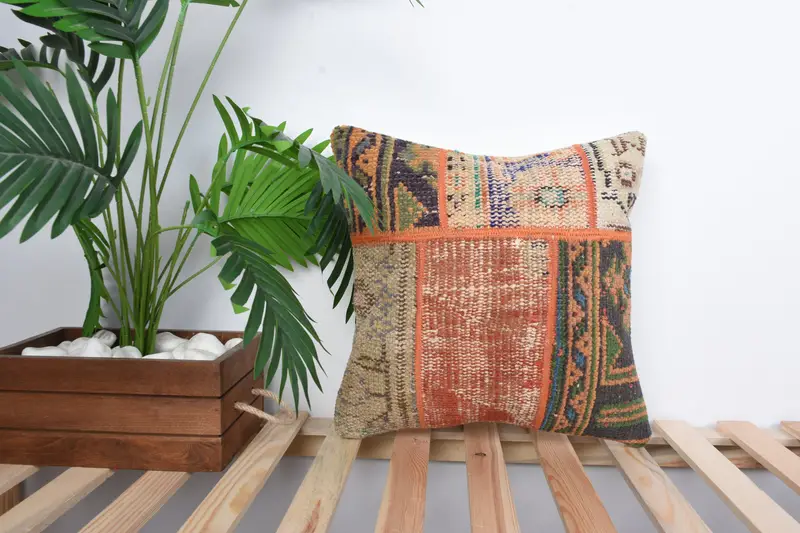 Ethnical Kilim Rug Pillow, Gift Pillow, Boho Chic Pillow, Kilim Pillow, Natural Pillow, Accent Throw Pillow Cover, 16x16 Red Pillow, Pillow - 1