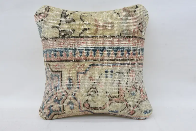 Vintage Small Square Cushion Cover, Wool Moroccan 36x36 cm Beige Pillow Case - 1