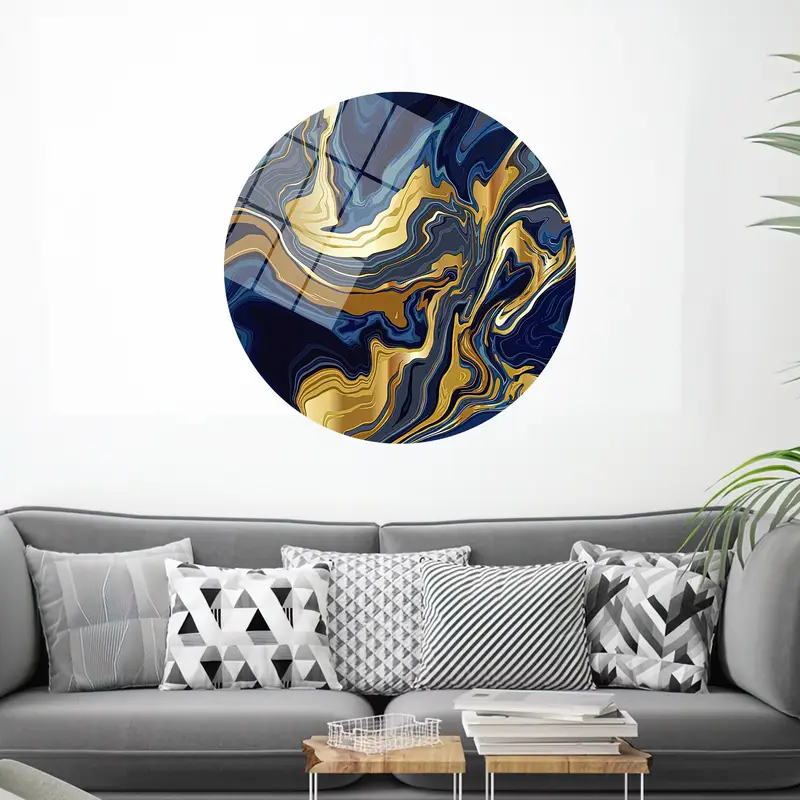 Modern Marble Canvas: Navy Blue & Gold Shimmery Abstract Art