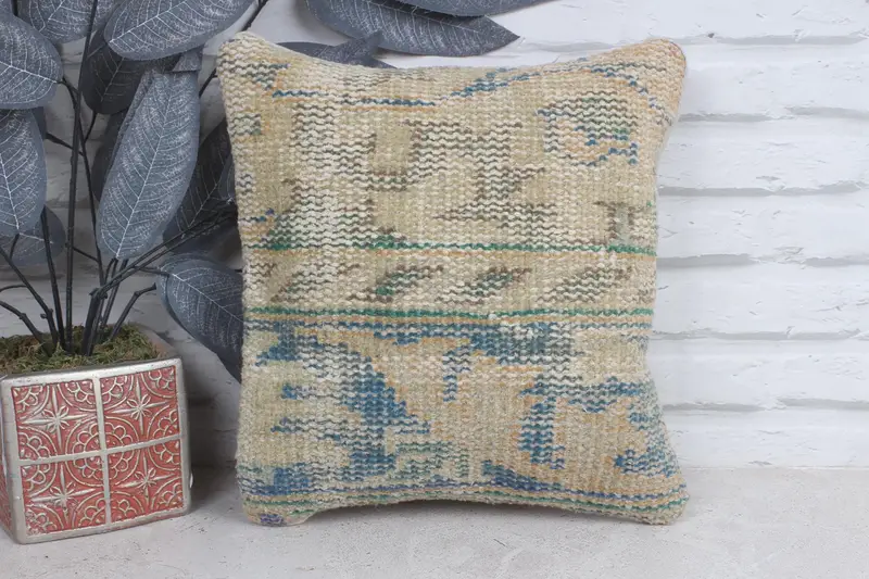 Rustic Pillow Cover, Vintage Kilim Throw Pillow, Cushion Case, Office Chair Cushion Cover, Pillow for Sofa, Throw Kilim Pillow, 12x12 Blue Pillow - 1
