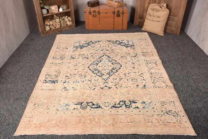 6.8x9.3 ft Rug, Vintage Turkish Rug, Beige Blue Floral Wool Rug - 1
