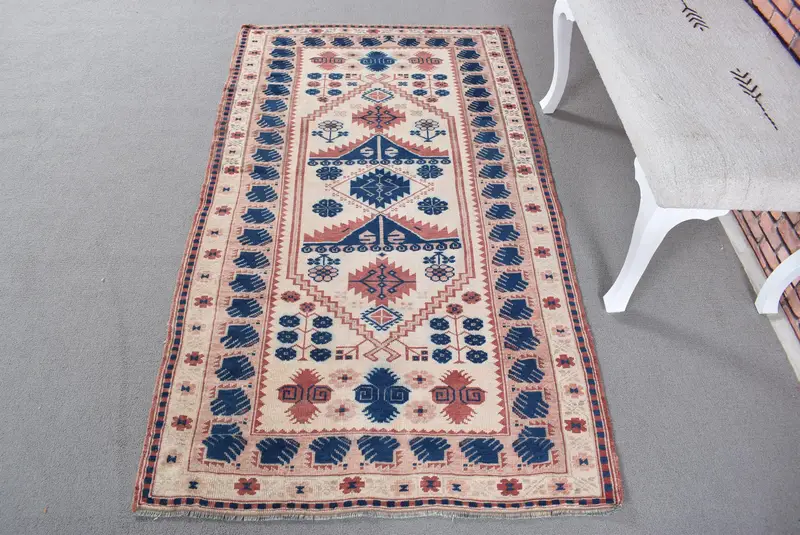Elegant Beige & Blue Persian Rug, 0.3x6 ft Chic Decor