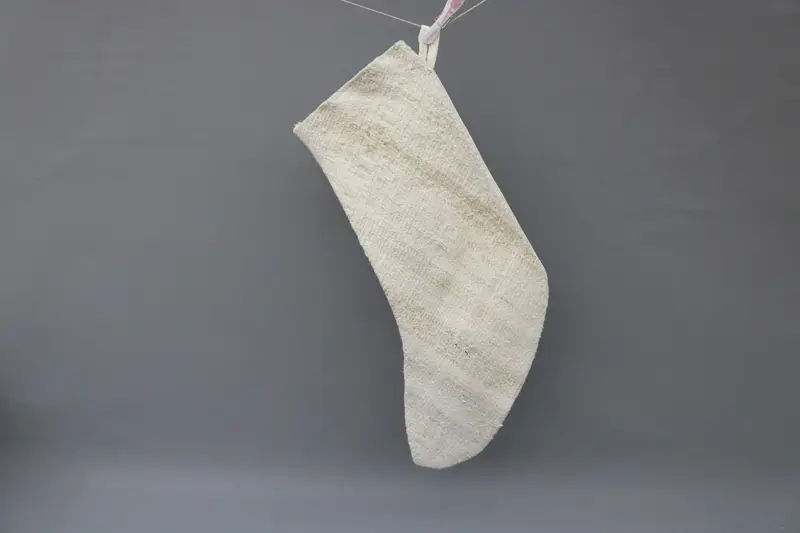 Beige Christmas Stocking with White Ornaments, Festive Holiday Decor