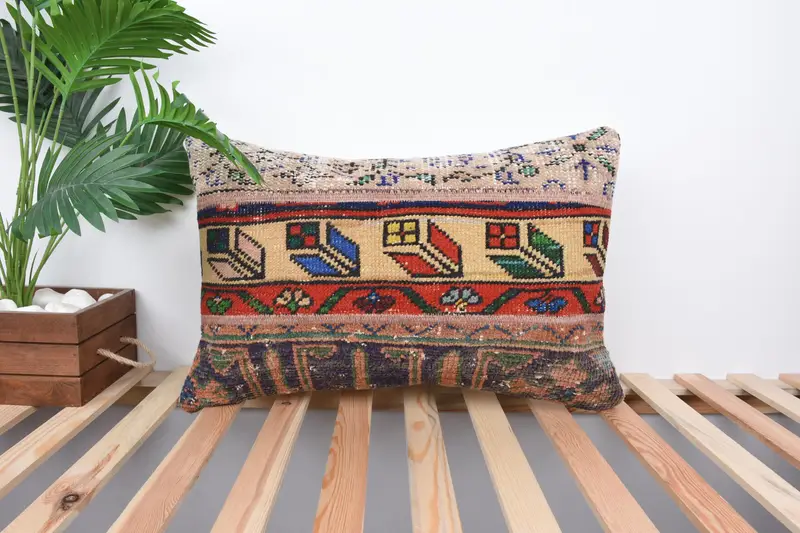 Patio Cushion, Kilim Cushion Sham, 16x24 Beige Cushion Cover, Pillow Case, Boho Pillow Sham Cover, Kilim Rug Cushion Case, Gift Pillow - 1