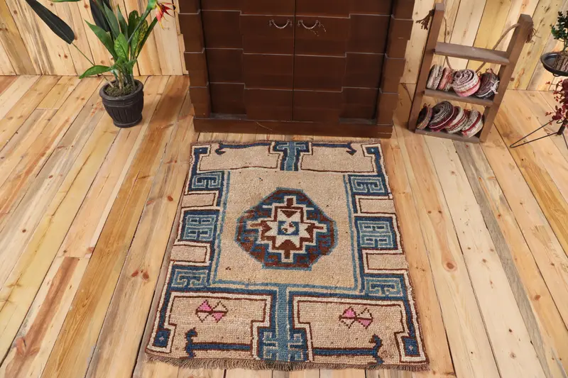 Vintage Türk Halısı, 3x3.7 ft Oushak Halısı, Mavi Küçük Bitkiler ve Ağaçlar Halısı - 1