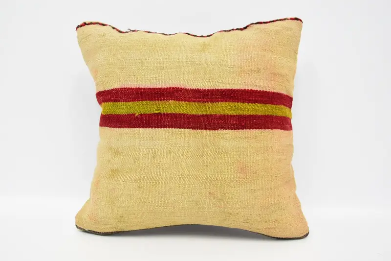 Contemporary Turkish Beige Cushion Case, Woven Gift Striped Square Housewarming Gift Pillow Sham - 1