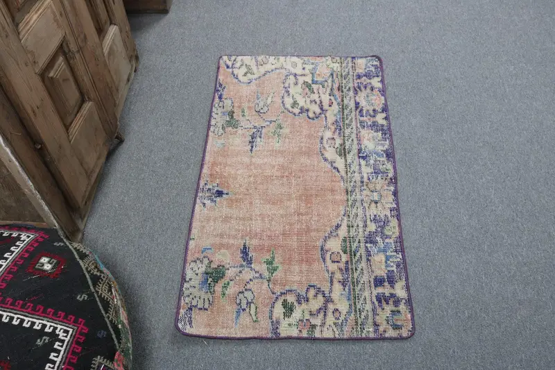 Turkish Vintage Rug, 2x3.6 ft Oushak Rug, Blue Red Camouflage Rug - 1