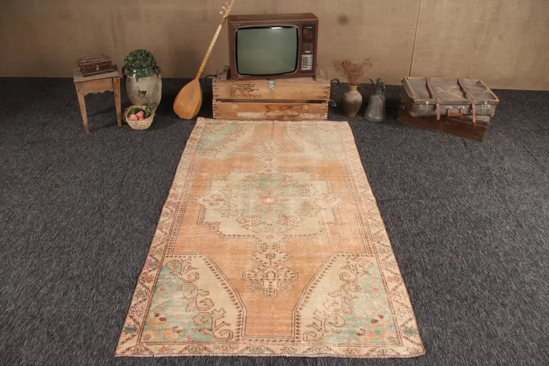 Turkish Vintage Rug, 4.4x7.6 ft Area Rug, Brown Oushak Ikat Rug - 1