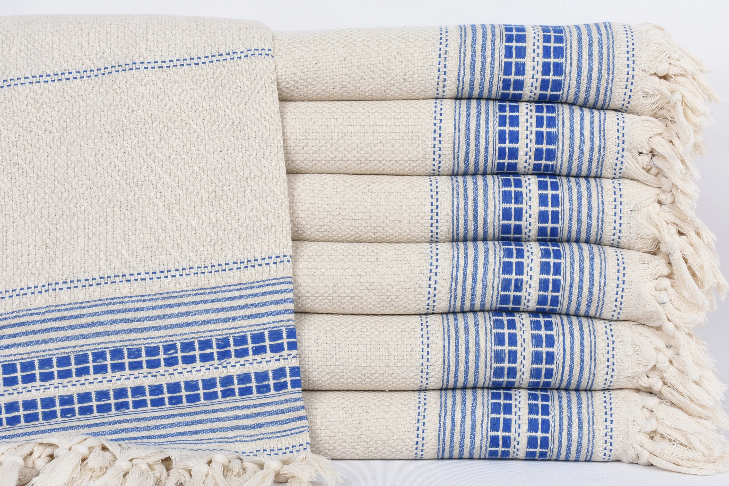 Turkish Beach Blanket, Bohemian Striped Throw, 95x93 Inches, Sax Blue - 1