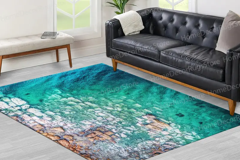 エレガントなプリントラグ：モダンな住宅向けのオーシャンシースケープデザイン