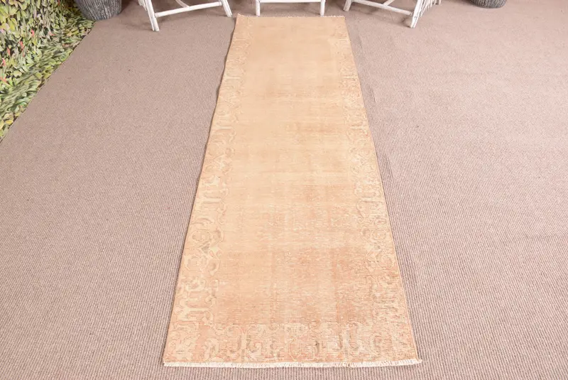 Türk Yolluk Halısı 2.6x8.5 ft, Bej Soyut Vintage Yün Halı - 1