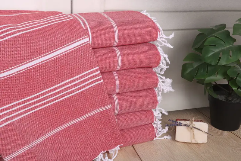 Turkish Bath Towel Striped Red Cotton Handmade Gift, 40x71 Inches